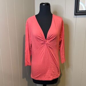 B16 Talbots Women’s Medium Pink Twist-Front Long Cropped Sleeve Top